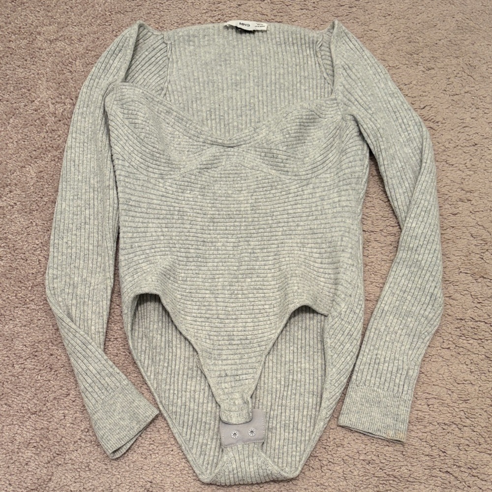 Mango Light Gray Ribbed Sweetheart Long-Sleeve Bodysuit